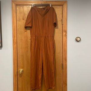 Eileen Fisher Cinnamon Linen V-Neck Jumpsuit Elastic Waist Relaxed Fit - Medium